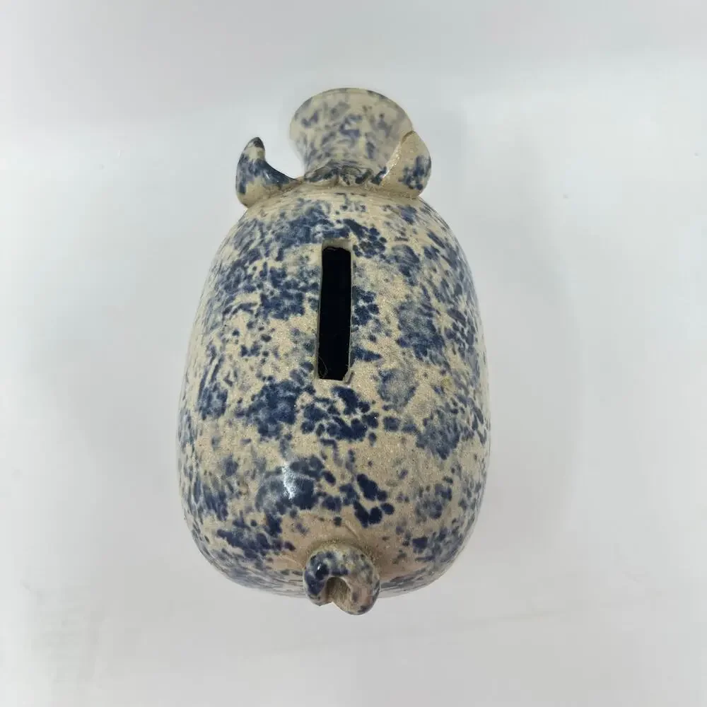 Vintage 80s Blue Spongeware Piggy Bank Stoneware Handmade Studio Pottery Pig